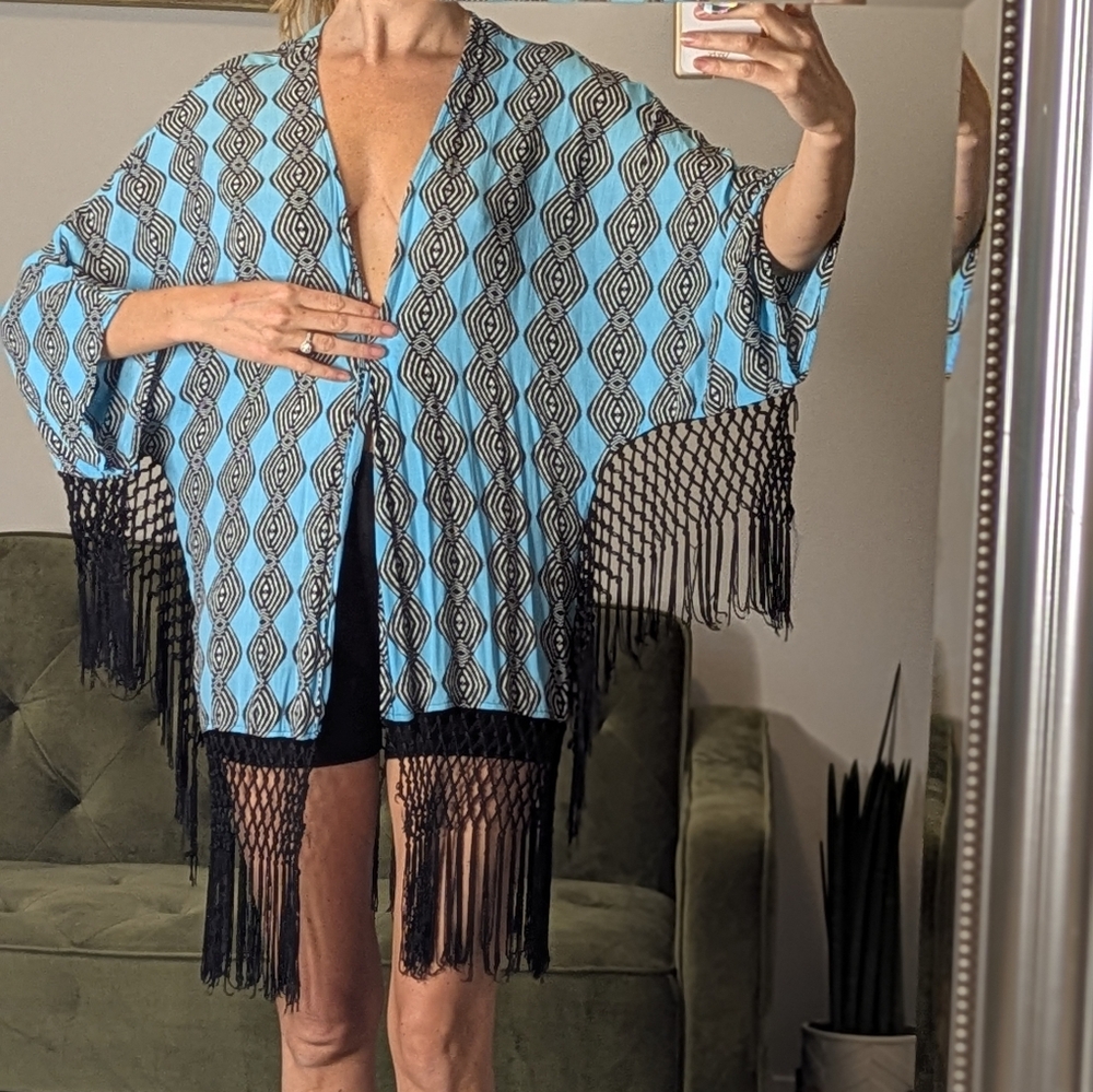 Fringe Tassel Poncho Coverup Swim Retro Boho Hippie Festival 70s Abstract Kimono
